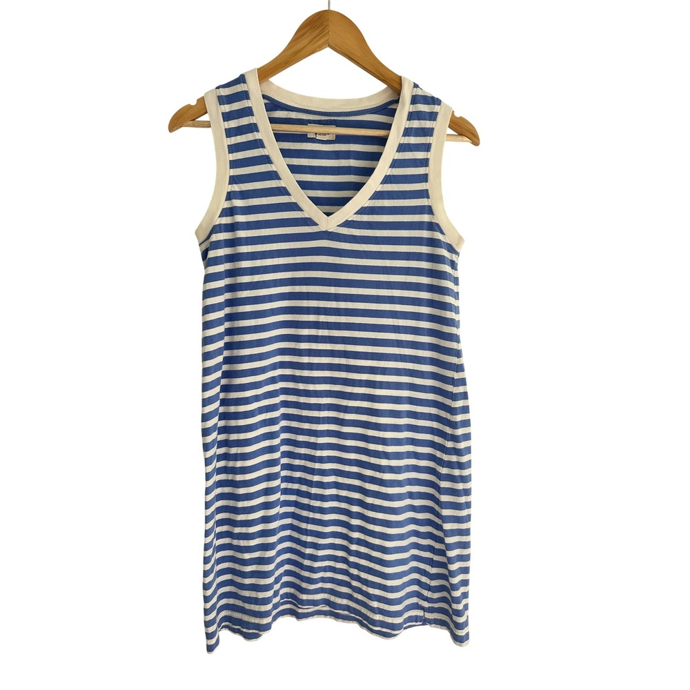 Pact Organic Cotton V-Neck Sleeveless Mini Dress Blue White Striped Womens Small